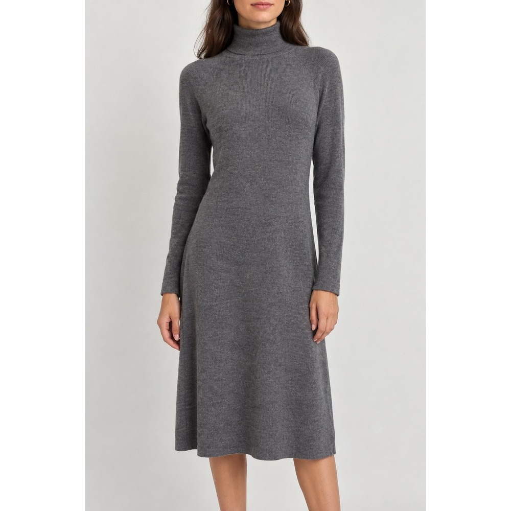 Garnet Hill Merino Wool Ribbed Turtleneck Sweater Dress, Gray Medium Luxury Chic